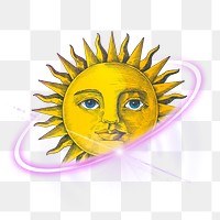 PNG vintage sun face, technology digital sticker in transparent background