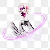 PNG lightbulb with flower, sustainable energy technology digital sticker in transparent background