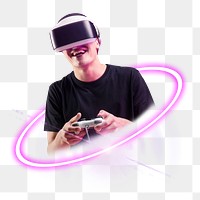 PNG gamer in VR headset, virtual reality technology digital sticker in transparent background