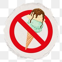 No food png symbol, forbidden sign on transparent background, ripped paper badge