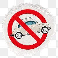 No car png symbol, forbidden sign on transparent background, ripped paper badge