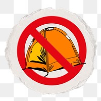 No tent png symbol, forbidden sign on transparent background, ripped paper badge