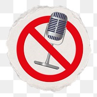 No microphone png symbol, forbidden sign on transparent background, ripped paper badge