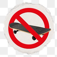 No skating png symbol, forbidden sign on transparent background, ripped paper badge