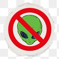 No alien png symbol, forbidden sign on transparent background, ripped paper badge