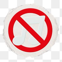 No music png symbol, forbidden sign on transparent background, ripped paper badge