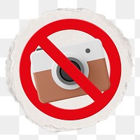 No camera png symbol, forbidden sign on transparent background, ripped paper badge