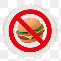 No food png symbol, forbidden sign on transparent background, ripped paper badge