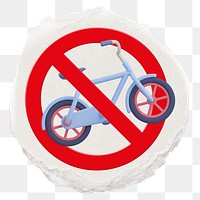 No bicycle png symbol, forbidden sign on transparent background, ripped paper badge