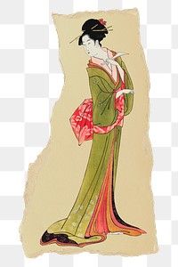 Png Hosoda's Japanese woman sticker, ukyio e vintage illustration on ripped paper, transparent background