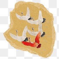 Png flying cranes sticker, vintage illustration on ripped paper, transparent background