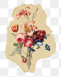 Png flower bouquet sticker, vintage illustration on ripped paper, transparent background