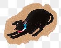 Png black cat sticker, Hiroaki Takahashi's vintage illustration on ripped paper, transparent background