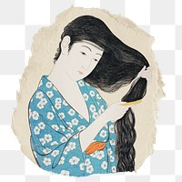 Png Hashiguchi's Woman Combing Her Hair sticker, vintage illustration on ripped paper, transparent background