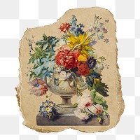 Png Johannes van os's flowers in vase sticker, vintage illustration on ripped paper, transparent background