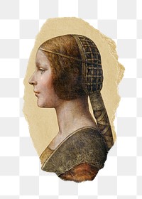 Png Da Vinci's young fiancée sticker, vintage illustration on ripped paper, transparent background