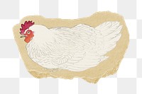 Png chicken sticker, vintage illustration on ripped paper, transparent background