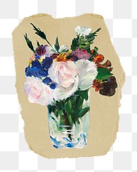 Png flowers in a vase sticker, floral vintage illustration on ripped paper, transparent background