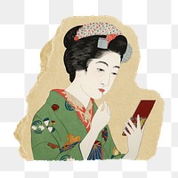 Png Hashiguchi's woman applying lipstick sticker, vintage illustration on ripped paper, transparent background