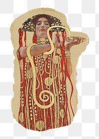 Png Gustav Klimt's Hygieia sticker, vintage illustration on ripped paper, transparent background