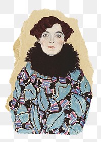 Png Portrait of Johanna Staude sticker, Gustav Klimt's vintage illustration on ripped paper, transparent background