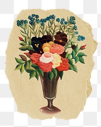 Png flowers in a vase sticker, floral vintage illustration on ripped paper, transparent background