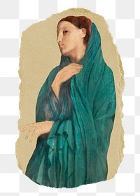 Png Young Woman with Ibis sticker, Edgar Degas's vintage illustration on ripped paper, transparent background