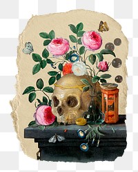 Png Jan van Kesselùs Vanitas Still Life sticker, vintage illustration on ripped paper, transparent background