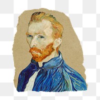 Png Van Gogh sticker, vintage self portrait artwork on ripped paper, transparent background