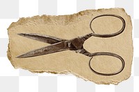 Png scissors sticker, vintage illustration on ripped paper, transparent background