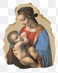 Png da Vinci's Madonna Litta sticker, vintage illustration on ripped paper, transparent background