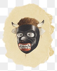 Png evil mask sticker, vintage illustration on ripped paper, transparent background