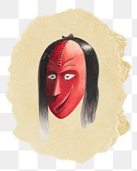Png evil mask sticker, vintage illustration on ripped paper, transparent background