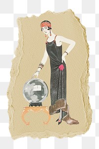 Png George Barbier's fashion lady sticker, vintage illustration on ripped paper, transparent background