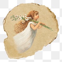 Png angel in the sky sticker, aesthetic vintage illustration on ripped paper, transparent background