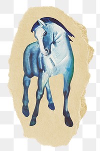 Png blue horse sticker, vintage animal illustration on ripped paper, transparent background