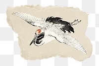 Png Kōno Bairei's flying crane sticker, bird vintage illustration on ripped paper, transparent background