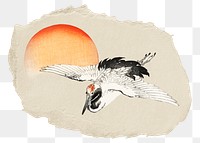 Png flying crane sticker, Kōno Bairei's bird  vintage illustration on ripped paper, transparent background