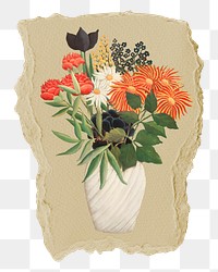 Png flowers in a vase sticker, vintage illustration on ripped paper, transparent background