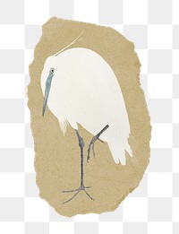 Png Ohara Koson's egret sticker, vintage illustration on ripped paper, transparent background