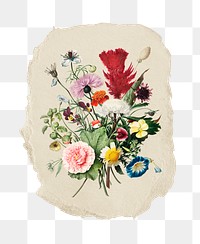 Png flowers sticker, aesthetic vintage illustration on ripped paper, transparent background