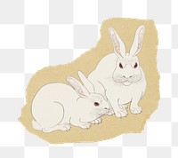 Rabbits png sticker, Ohara Koson's vintage illustration on ripped paper, transparent background