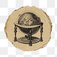 Png hand drawn globe sticker, vintage illustration on ripped paper, transparent background