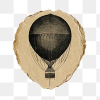 Png hand drawn hot air ballon sticker, vintage illustration on ripped paper, transparent background