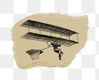 Png hand drawn aerial machine sticker, vintage illustration on ripped paper, transparent background