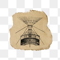 Png hand drawn construction sticker, vintage illustration on ripped paper, transparent background