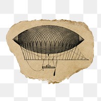 Png hand drawn hot air balloon sticker, vintage illustration on ripped paper, transparent background