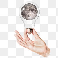 Full moon png sticker, hand holding light bulb in galaxy concept, transparent background