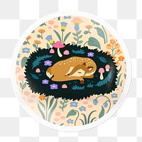 PNG round shape sticker, sleeping deer collage element, transparent background