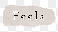 Feels word, ripped paper, beige ephemera digital sticker in transparent background